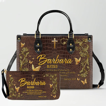 Personalized Christian Leather Handbag with Free Clutch – Custom Name & Bible Verse Meaning – Luxury Faith Gift for Women