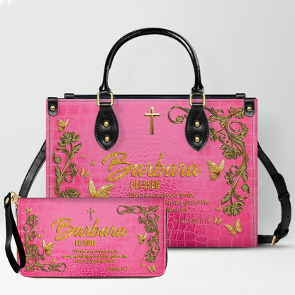 Personalized Christian Leather Handbag with Free Clutch – Custom Name & Bible Verse Meaning – Luxury Faith Gift for Women