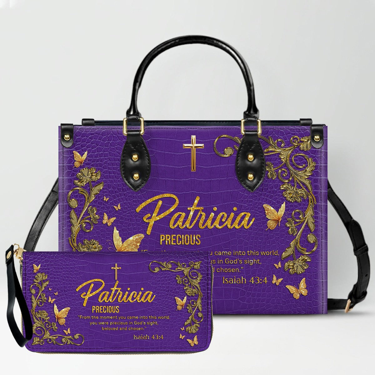Personalized Christian Leather Handbag with Free Clutch – Custom Name & Bible Verse Meaning – Luxury Faith Gift for Women