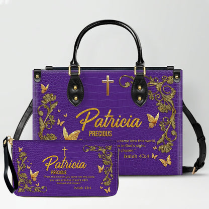 Personalized Christian Leather Handbag with Free Clutch – Custom Name & Bible Verse Meaning – Luxury Faith Gift for Women