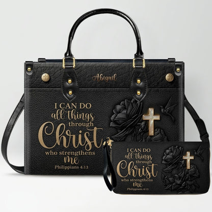 Personalized Leather Handbag for Christian Women - Custom Name "I Can Do All Things" Floral Cross Leather Purse | CHRISTIANARTBAG 01072126