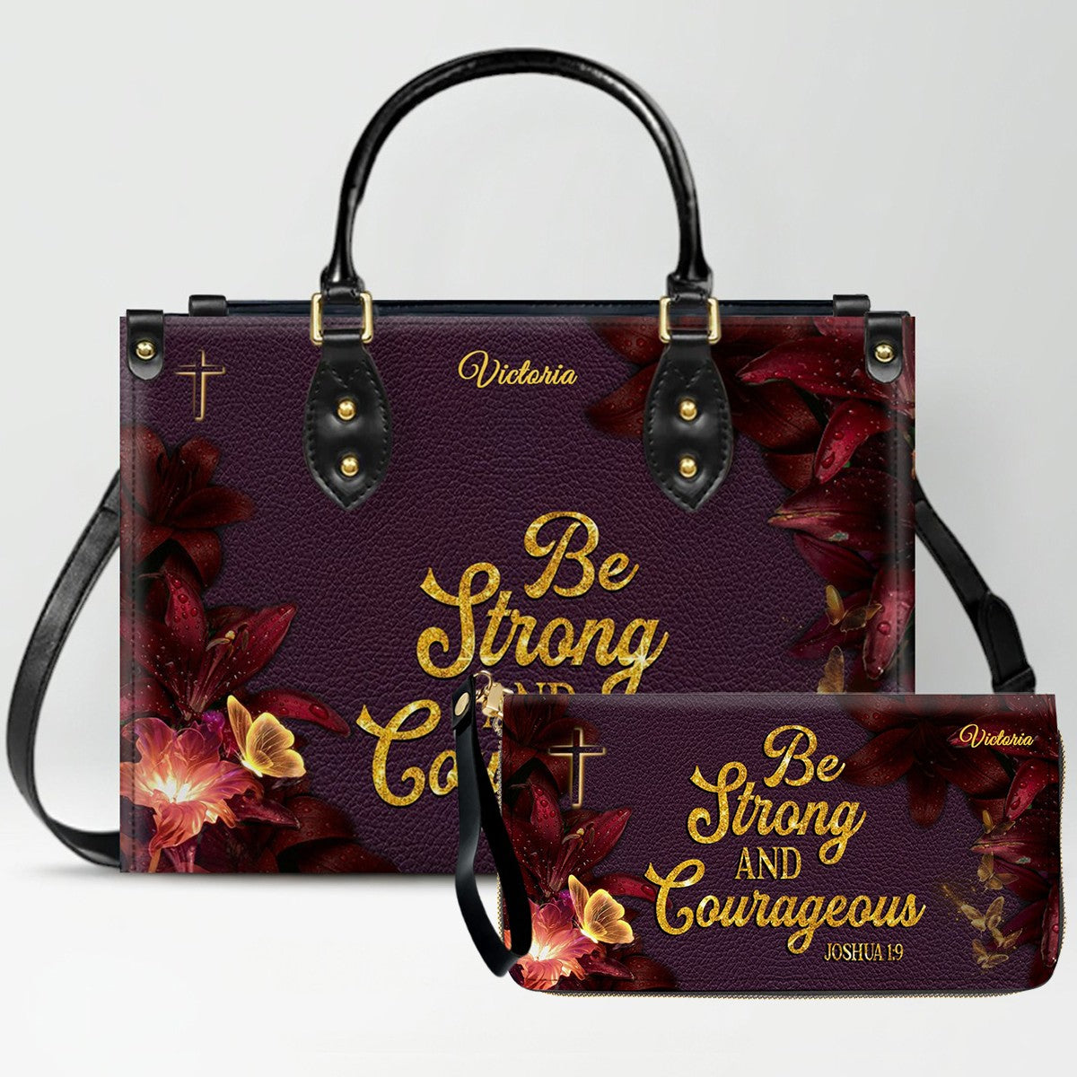 Set Personalized Leather Handbag With Long Wallet – Custom Name & Bible Verse | Burgundy Christian Gift for Women – CHRISTIANARTBAG