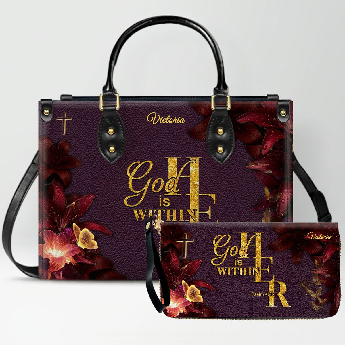 Set Personalized Leather Handbag With Long Wallet – Custom Name & Bible Verse | Burgundy Christian Gift for Women – CHRISTIANARTBAG