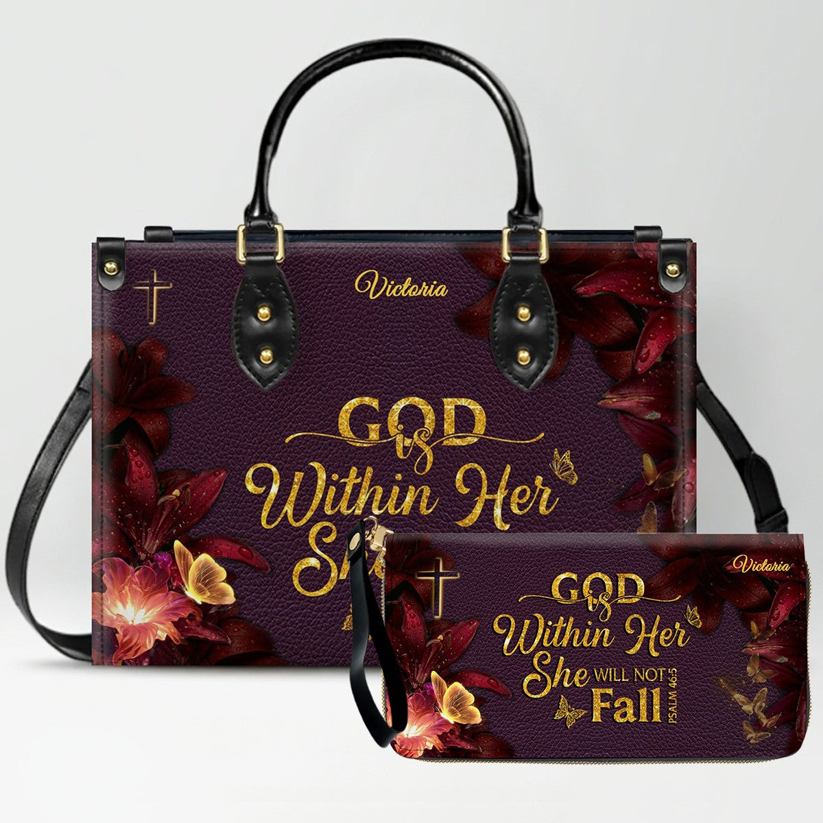 Set Personalized Leather Handbag With Long Wallet – Custom Name & Bible Verse | Burgundy Christian Gift for Women – CHRISTIANARTBAG