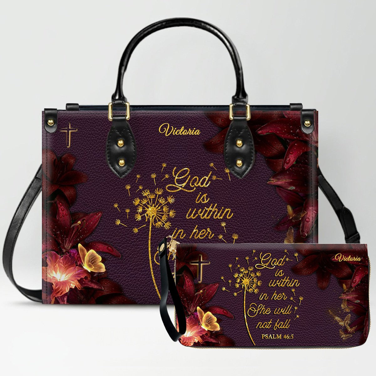 Set Personalized Leather Handbag With Long Wallet – Custom Name & Bible Verse | Burgundy Christian Gift for Women – CHRISTIANARTBAG