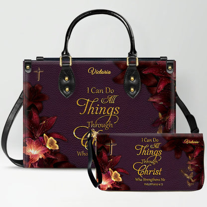 Set Personalized Leather Handbag With Long Wallet – Custom Name & Bible Verse | Burgundy Christian Gift for Women – CHRISTIANARTBAG