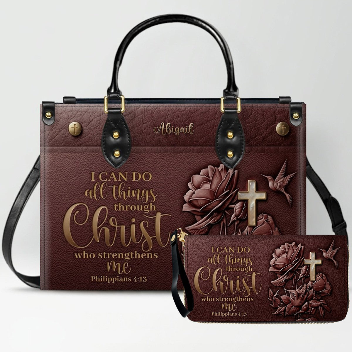 Personalized Leather Handbag for Christian Women - Custom Name "I Can Do All Things" Floral Cross Leather Purse | CHRISTIANARTBAG 01072126
