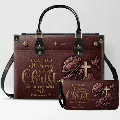 Personalized Leather Handbag for Christian Women - Custom Name "I Can Do All Things" Floral Cross Leather Purse | CHRISTIANARTBAG 01072126