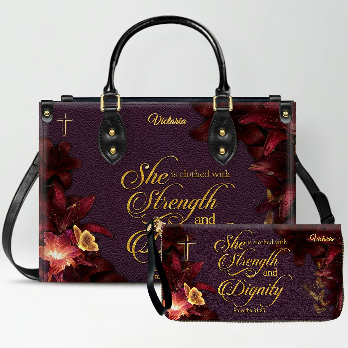 Set Personalized Leather Handbag With Long Wallet – Custom Name & Bible Verse | Burgundy Christian Gift for Women – CHRISTIANARTBAG