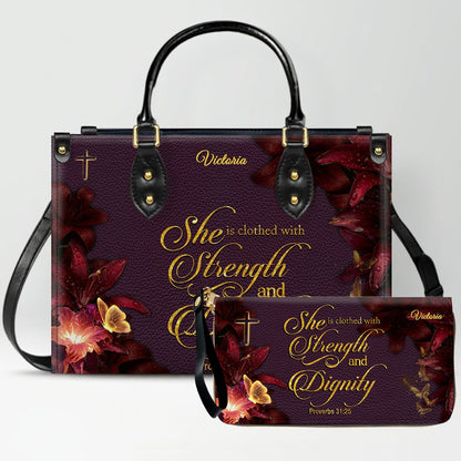 Set Personalized Leather Handbag With Long Wallet – Custom Name & Bible Verse | Burgundy Christian Gift for Women – CHRISTIANARTBAG