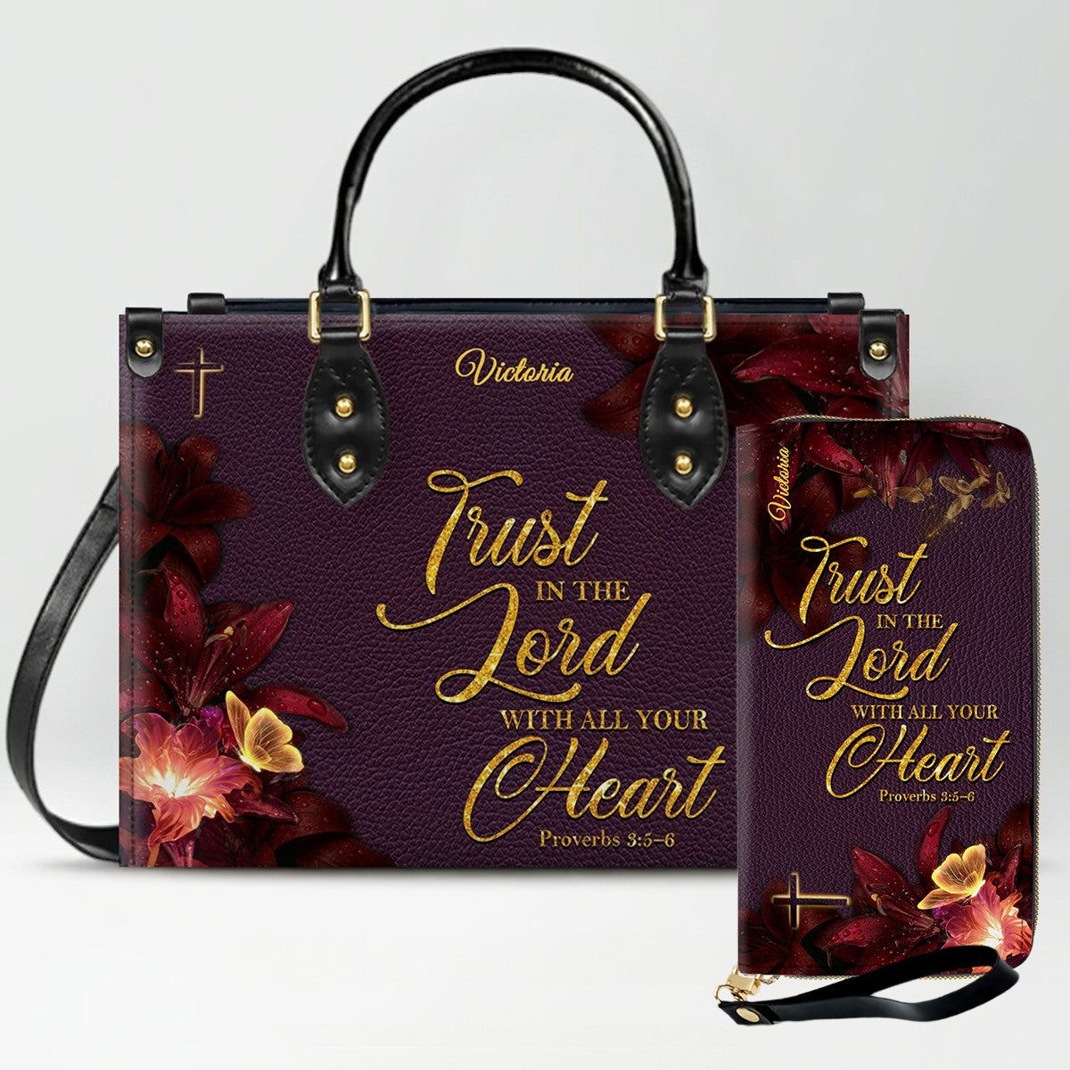 Set Personalized Leather Handbag With Long Wallet – Custom Name & Bible Verse | Burgundy Christian Gift for Women – CHRISTIANARTBAG