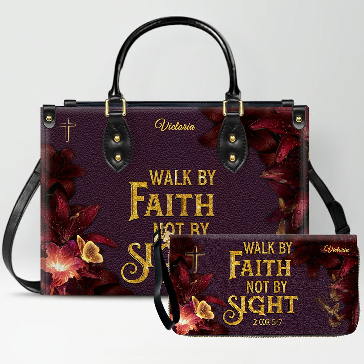 Set Personalized Leather Handbag With Long Wallet – Custom Name & Bible Verse | Burgundy Christian Gift for Women – CHRISTIANARTBAG