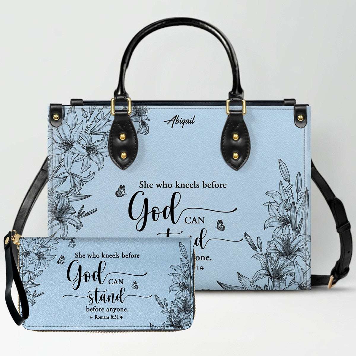 Personalized Leather Handbag Cool Blue & Wallet Set for Women – Custom Name & Bible Verse – Christian Gift | CHRISTIANARTBAG