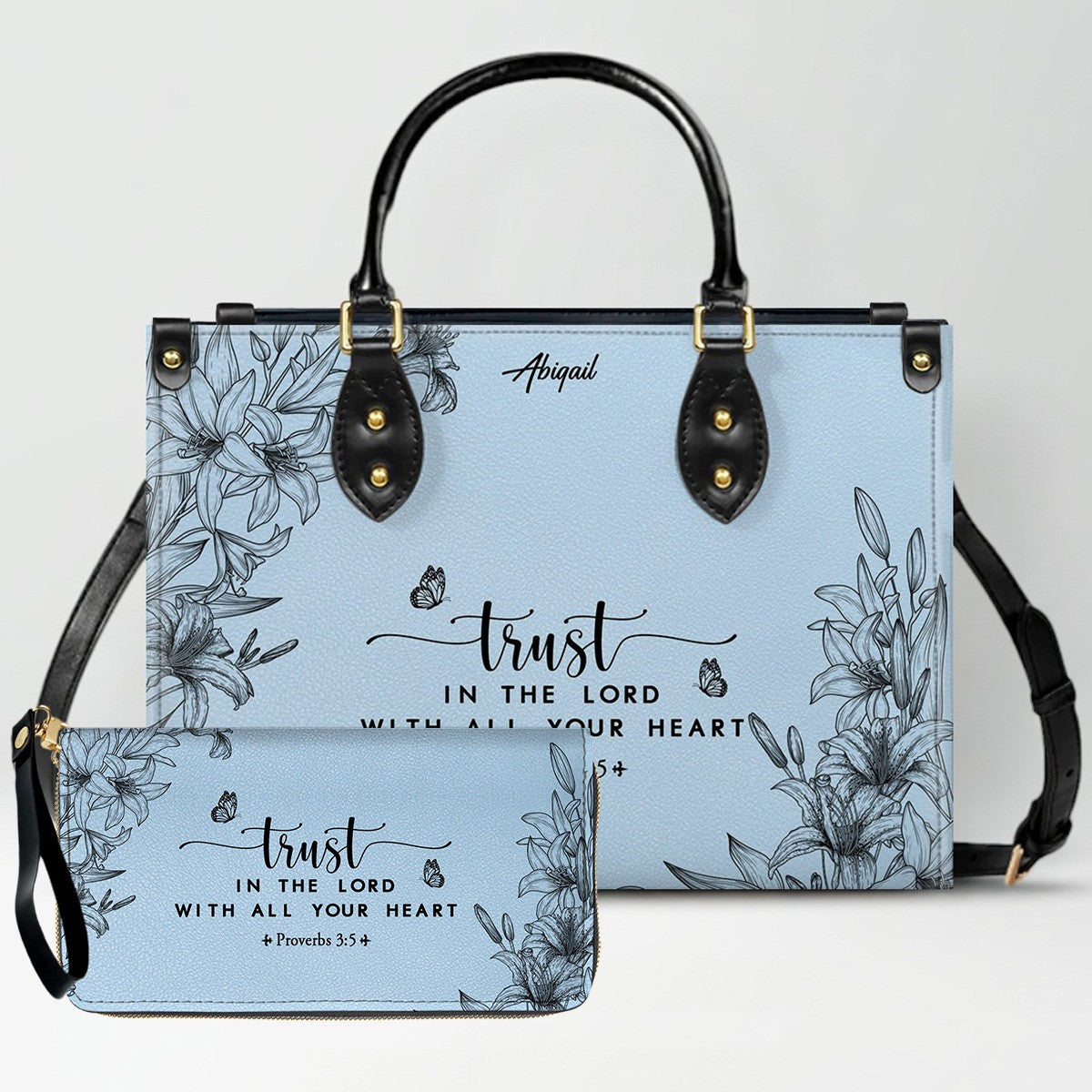 Personalized Leather Handbag Cool Blue & Wallet Set for Women – Custom Name & Bible Verse – Christian Gift | CHRISTIANARTBAG