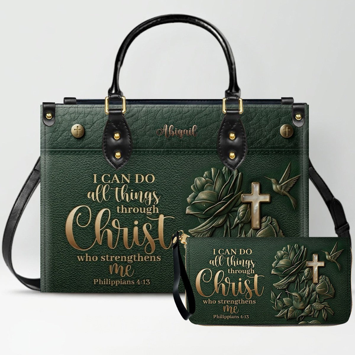 Personalized Leather Handbag for Christian Women - Custom Name "I Can Do All Things" Floral Cross Leather Purse | CHRISTIANARTBAG 01072126