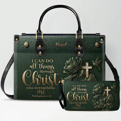 Personalized Leather Handbag for Christian Women - Custom Name "I Can Do All Things" Floral Cross Leather Purse | CHRISTIANARTBAG 01072126