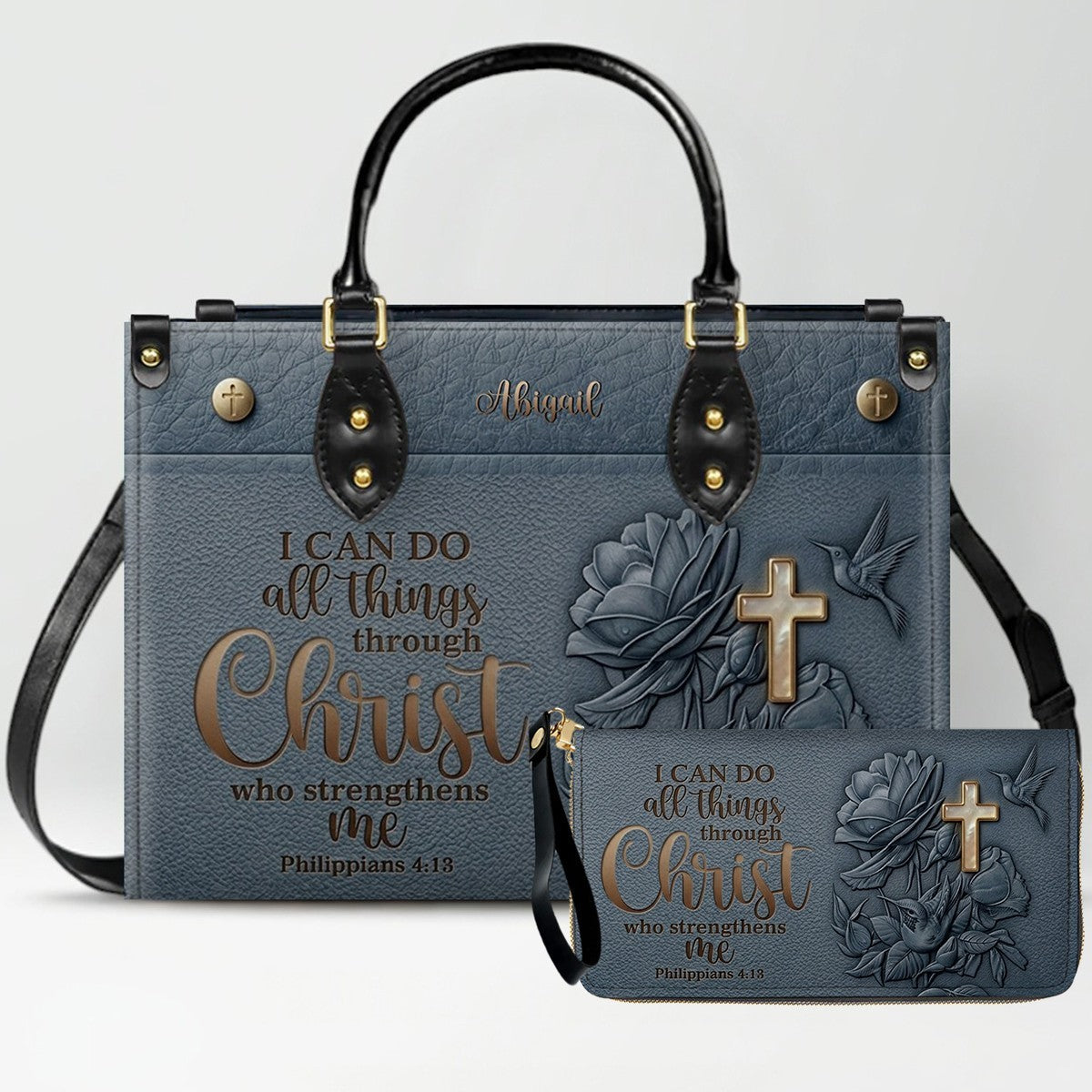 Personalized Leather Handbag for Christian Women - Custom Name "I Can Do All Things" Floral Cross Leather Purse | CHRISTIANARTBAG 01072126