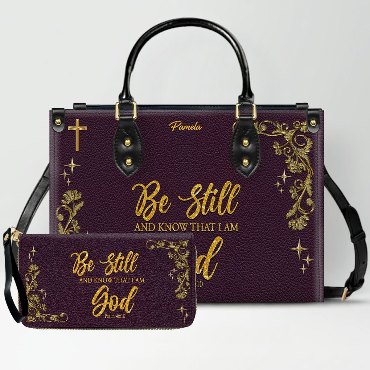 Personalized Leather Handbag & Long Wallet Set – Custom Name & Bible Verse | Elegant Christian Gift for Women