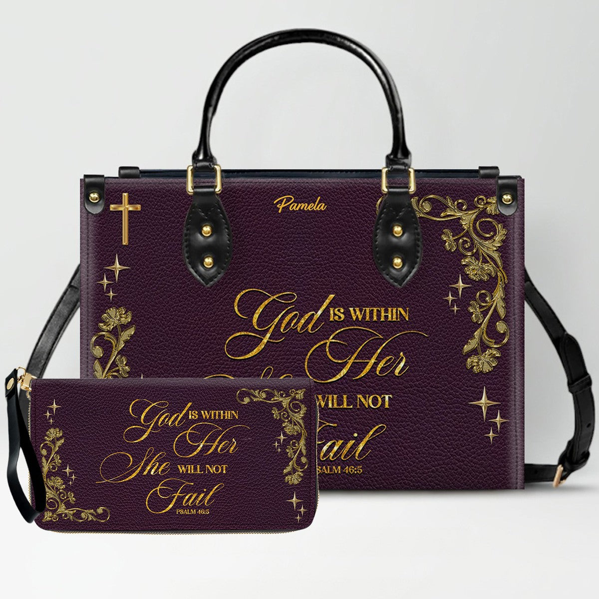Personalized Leather Handbag & Long Wallet Set – Custom Name & Bible Verse | Elegant Christian Gift for Women