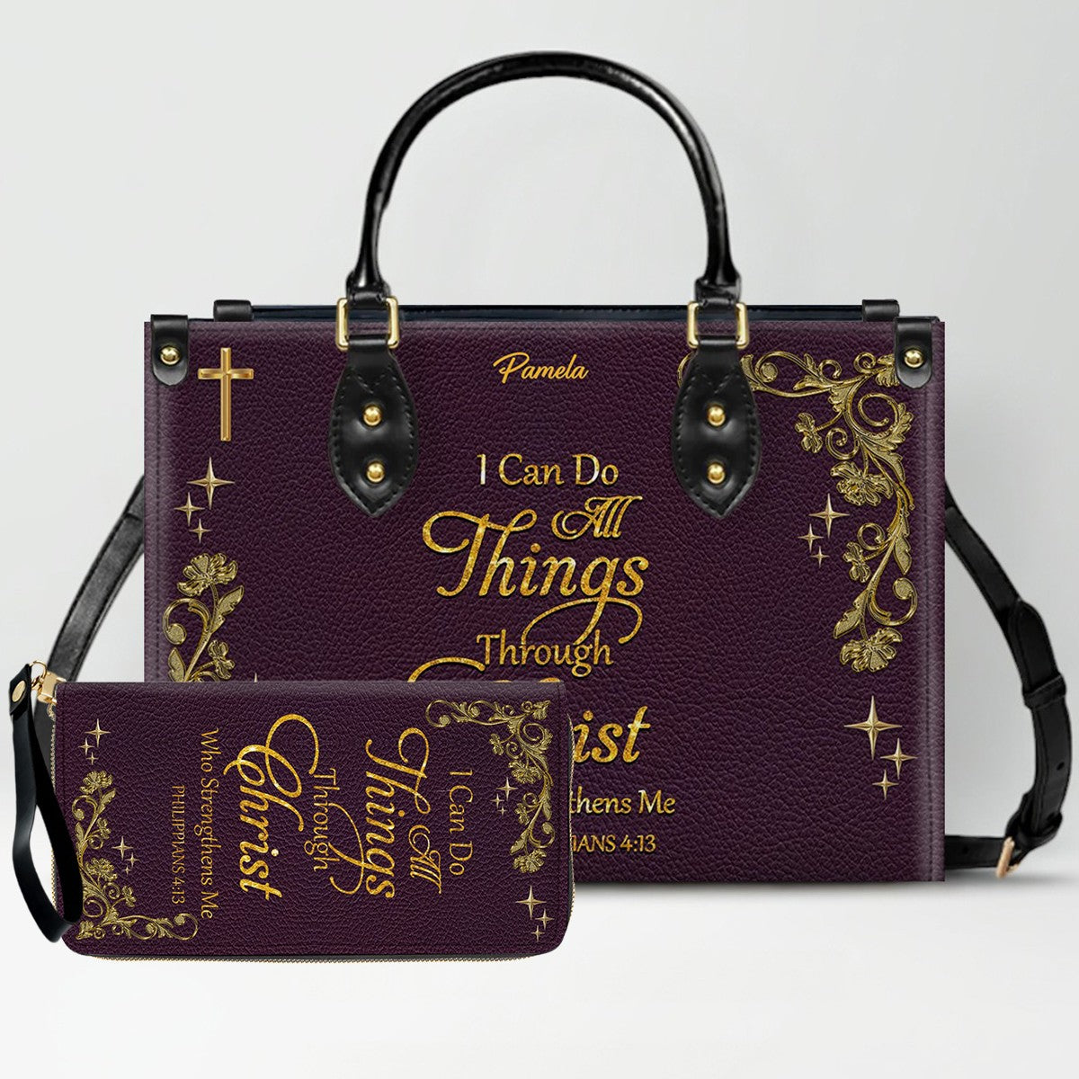 Personalized Leather Handbag & Long Wallet Set – Custom Name & Bible Verse | Elegant Christian Gift for Women