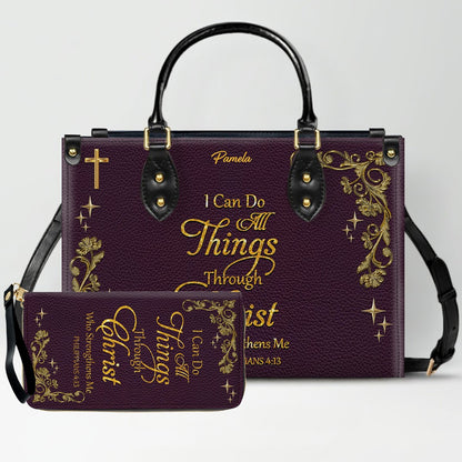 Personalized Leather Handbag & Long Wallet Set – Custom Name & Bible Verse | Elegant Christian Gift for Women