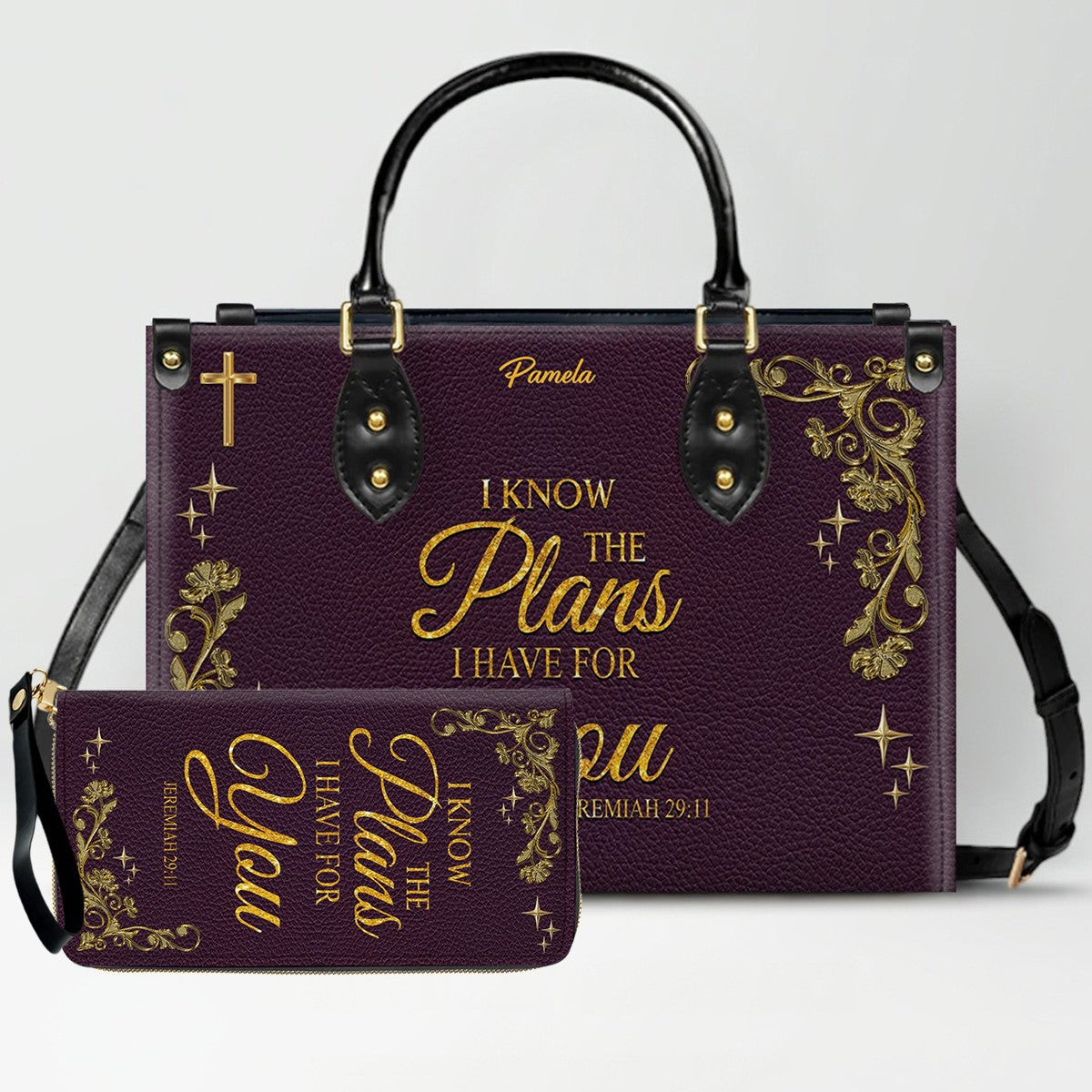 Personalized Leather Handbag & Long Wallet Set – Custom Name & Bible Verse | Elegant Christian Gift for Women