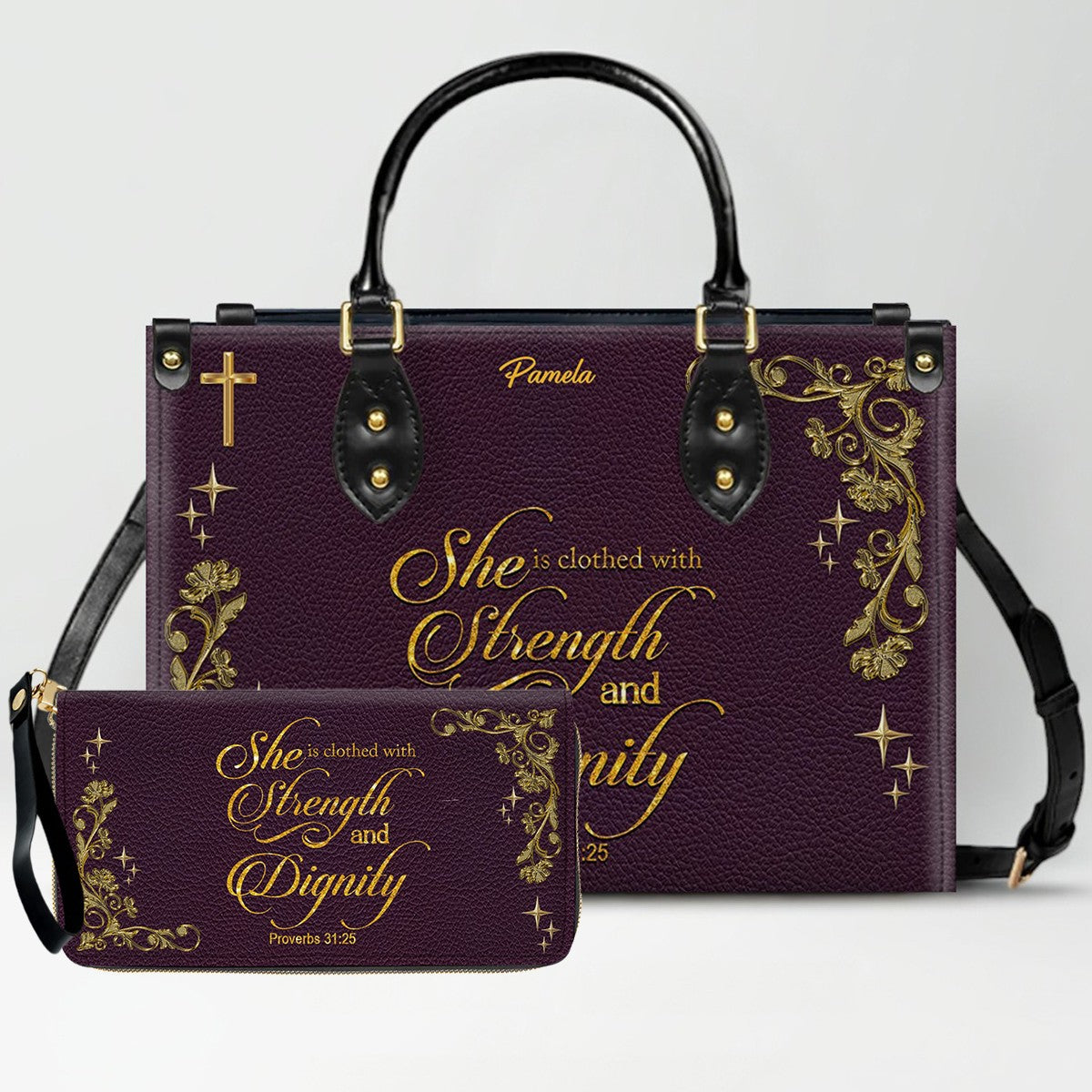 Personalized Leather Handbag & Long Wallet Set – Custom Name & Bible Verse | Elegant Christian Gift for Women