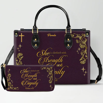 Personalized Leather Handbag & Long Wallet Set – Custom Name & Bible Verse | Elegant Christian Gift for Women
