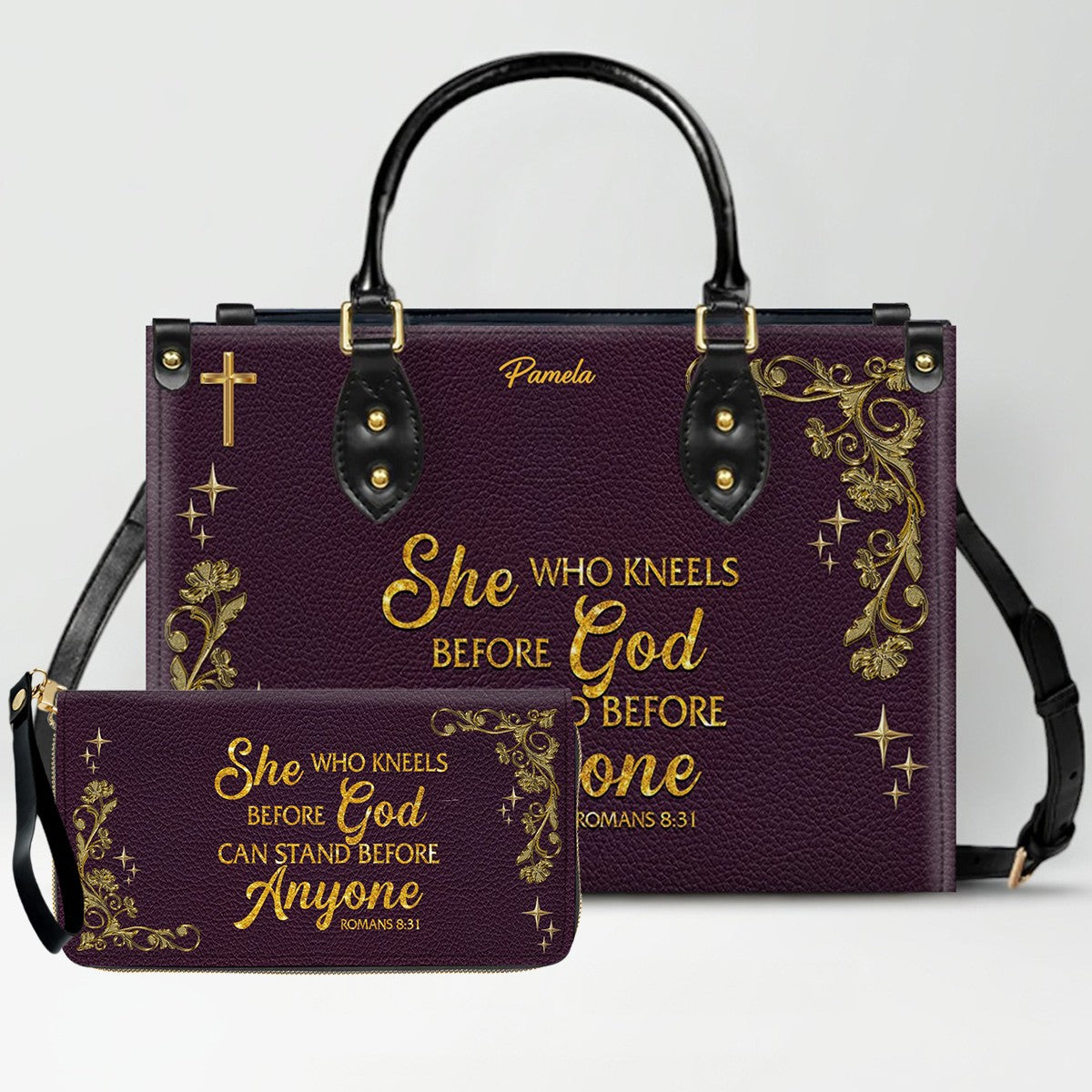 Personalized Leather Handbag & Long Wallet Set – Custom Name & Bible Verse | Elegant Christian Gift for Women
