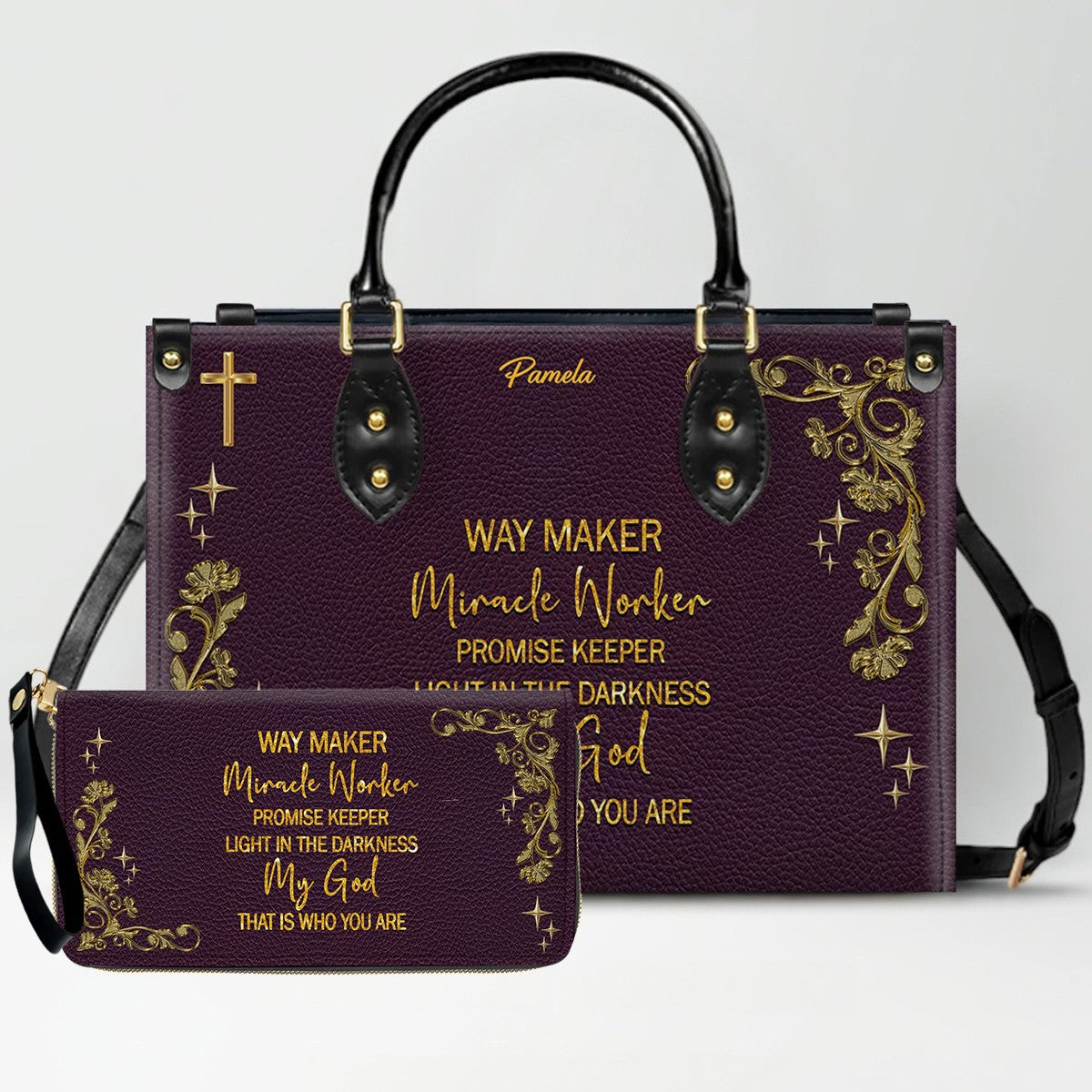 Personalized Leather Handbag & Long Wallet Set – Custom Name & Bible Verse | Elegant Christian Gift for Women