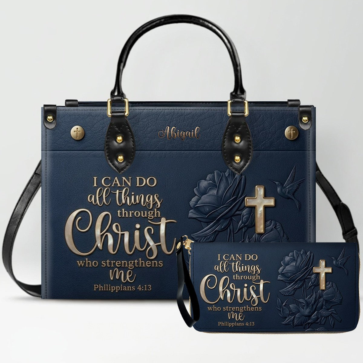Personalized Leather Handbag for Christian Women - Custom Name "I Can Do All Things" Floral Cross Leather Purse | CHRISTIANARTBAG 01072126