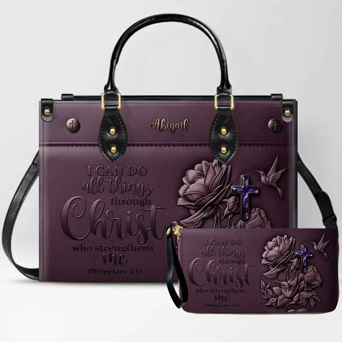 Personalized Leather Handbag for Christian Women - Custom Name "I Can Do All Things" Floral Cross Leather Purse | CHRISTIANARTBAG 01072126