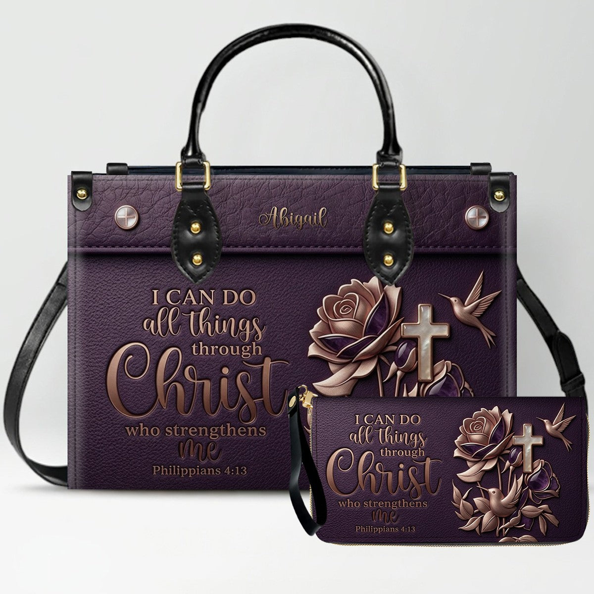 Personalized Leather Handbag for Christian Women - Custom Name "I Can Do All Things" Floral Cross Leather Purse | CHRISTIANARTBAG 01072126