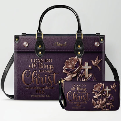 Personalized Leather Handbag for Christian Women - Custom Name "I Can Do All Things" Floral Cross Leather Purse | CHRISTIANARTBAG 01072126