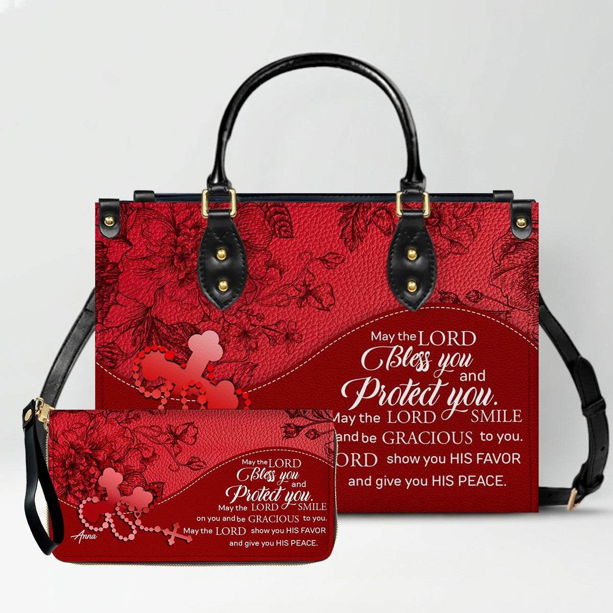 SET Personalized Christian Leather Handbag and Clutch Purse – Red Bible Verse Gift for Women of Faith | CHRISTIANARTBAG