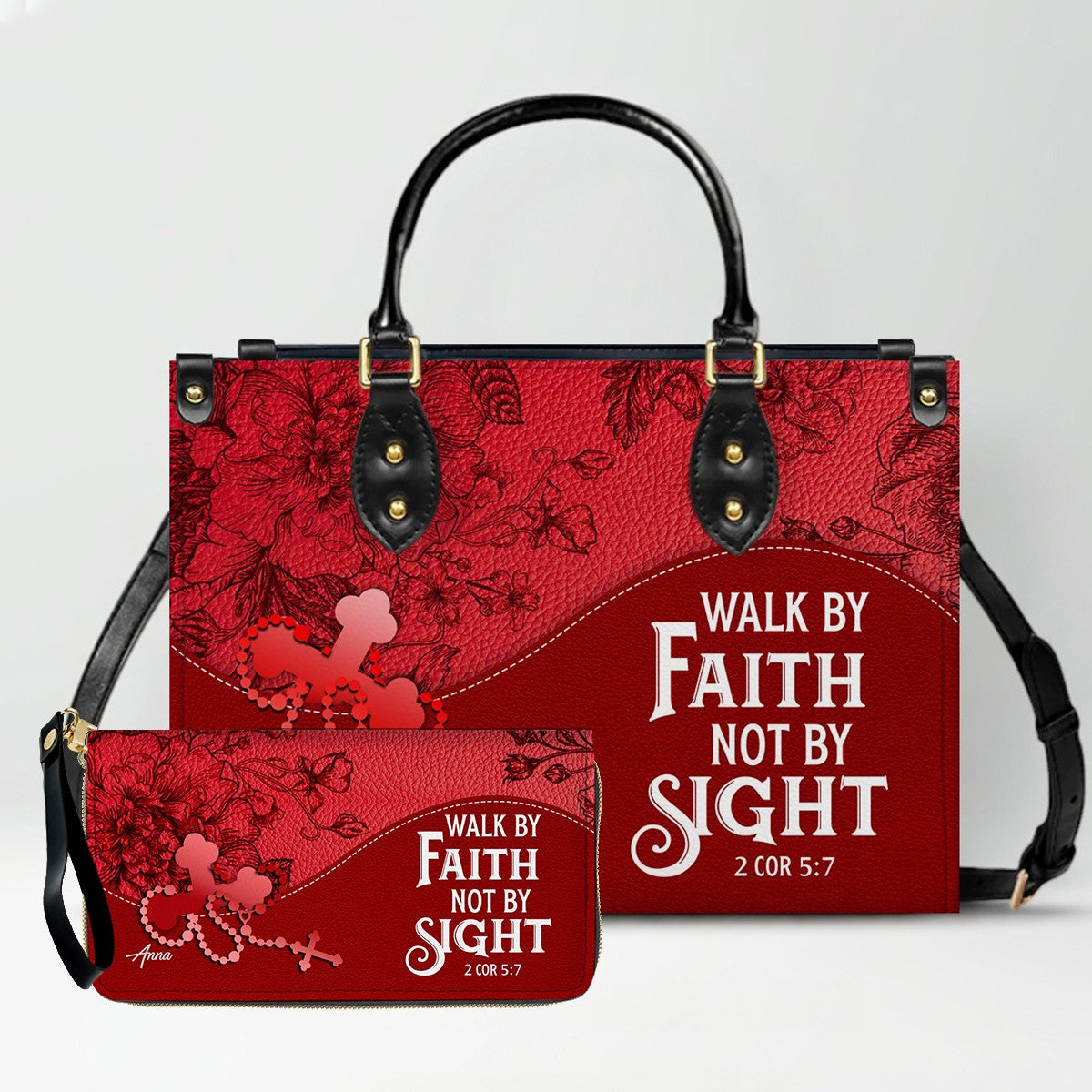 SET Personalized Christian Leather Handbag and Clutch Purse – Red Bible Verse Gift for Women of Faith | CHRISTIANARTBAG