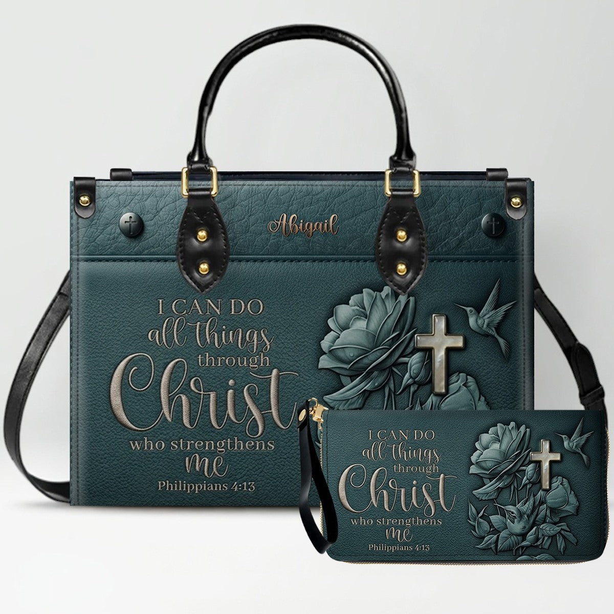 Personalized Leather Handbag for Christian Women - Custom Name "I Can Do All Things" Floral Cross Leather Purse | CHRISTIANARTBAG 01072126