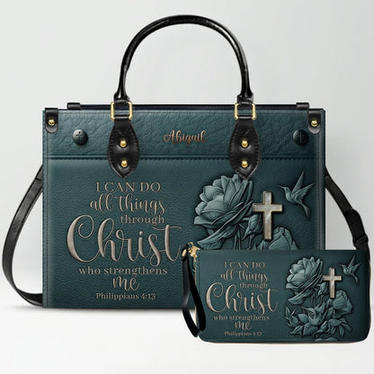 Personalized Leather Handbag for Christian Women - Custom Name "I Can Do All Things" Floral Cross Leather Purse | CHRISTIANARTBAG 01072126