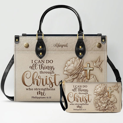Personalized Leather Handbag for Christian Women - Custom Name "I Can Do All Things" Floral Cross Leather Purse | CHRISTIANARTBAG 01072126