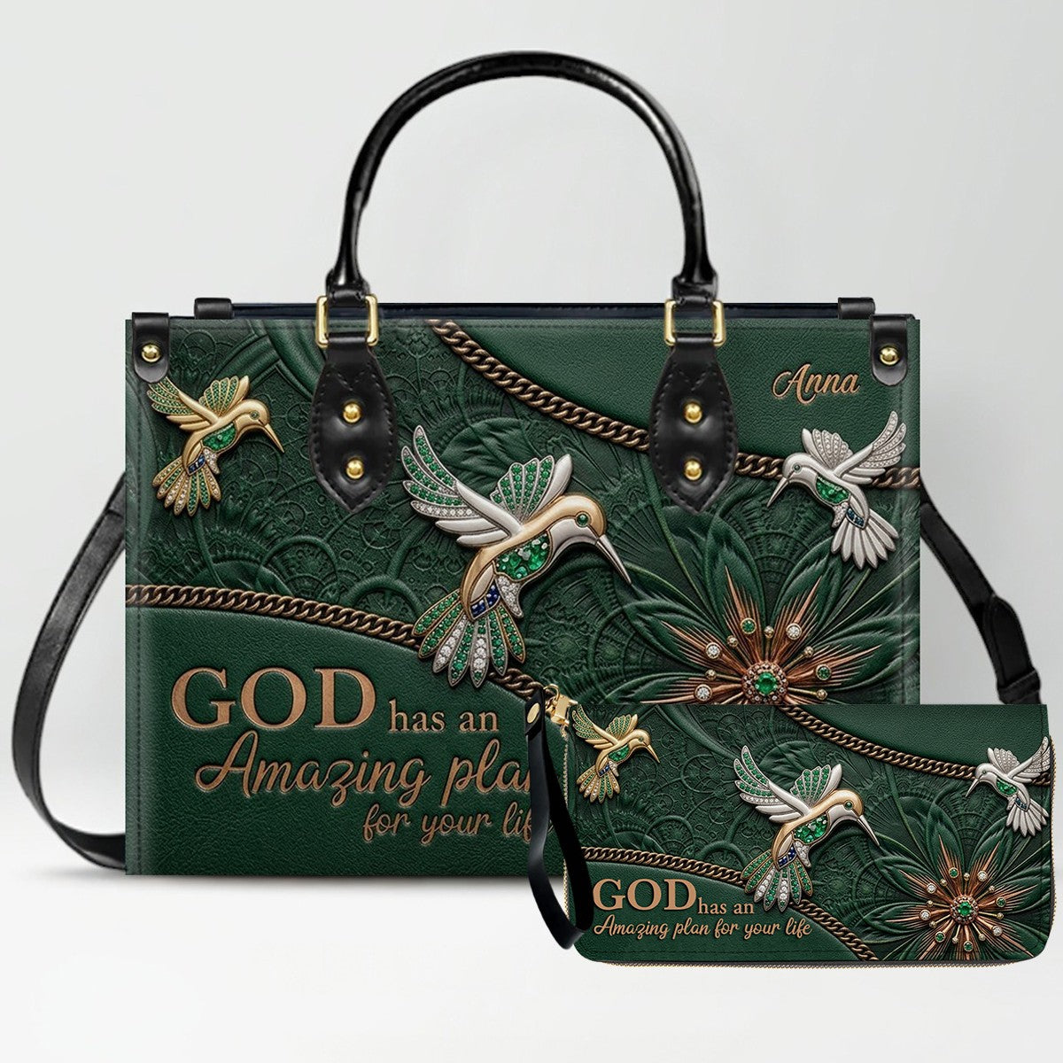 CHRISTIANARTBAG Personalized Leather Handbag - God Has An Amazing Plan For Your Life Hummingbird Floral Bag CAB01100326