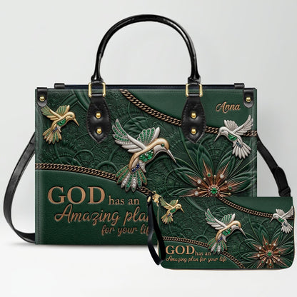 CHRISTIANARTBAG Personalized Leather Handbag - God Has An Amazing Plan For Your Life Hummingbird Floral Bag CAB01100326