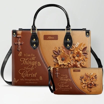 Custom Name Christian Leather Handbag by CHRISTIANARTBAG | I Can Do All Things Shoulder Bag, Religious Floral Gift for Her CAB01070126