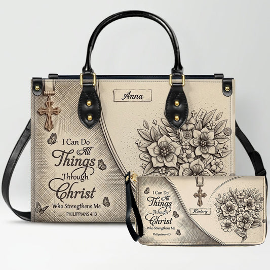 Custom Name Hand-Drawn Ink Sketch Leather Handbag | "I Can Do All Things Through Christ" Floral Design | CHRISTIANARTBAG 01070426