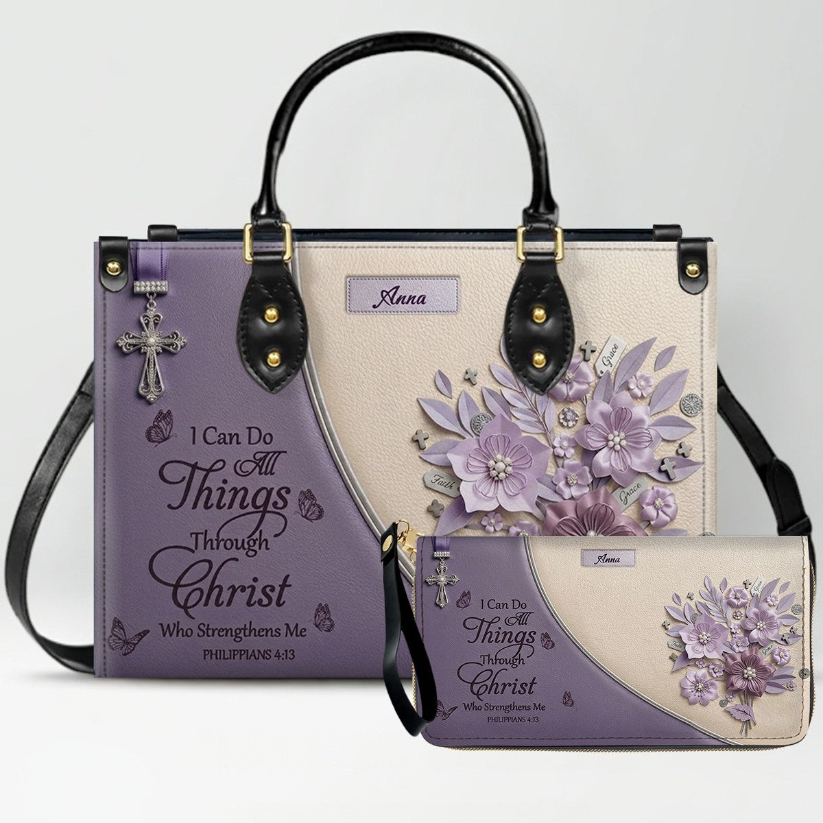 Custom Name Hand-Drawn Ink Sketch Leather Handbag | "I Can Do All Things Through Christ" Floral Design | CHRISTIANARTBAG 01070426