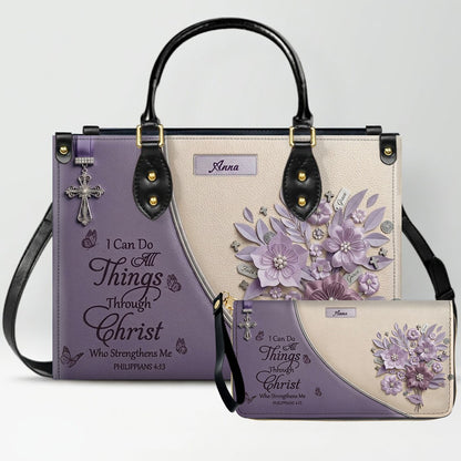 Custom Name Christian Leather Handbag by CHRISTIANARTBAG | I Can Do All Things Shoulder Bag, Religious Floral Gift for Her CAB01070126