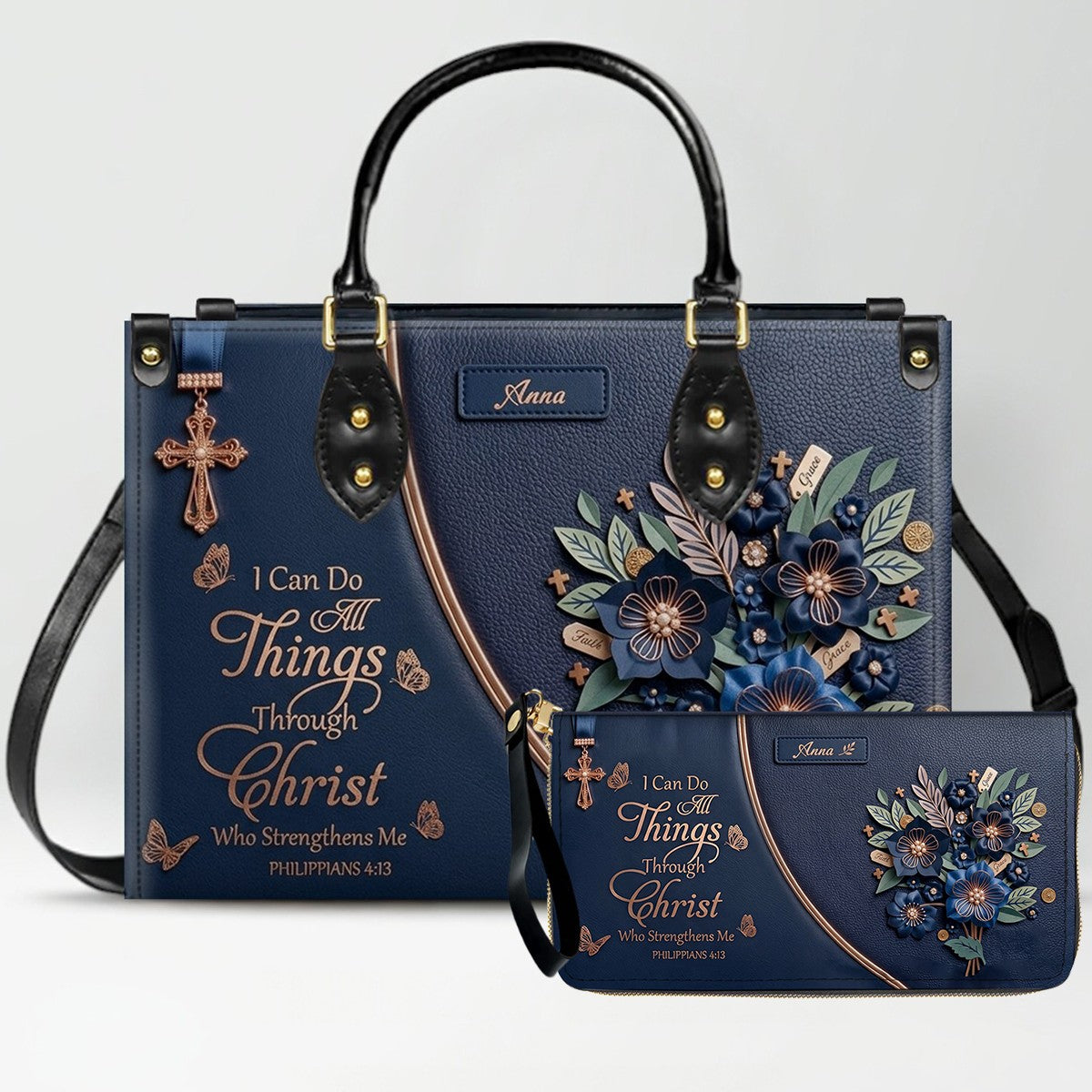 Custom Name Hand-Drawn Ink Sketch Leather Handbag | "I Can Do All Things Through Christ" Floral Design | CHRISTIANARTBAG 01070426