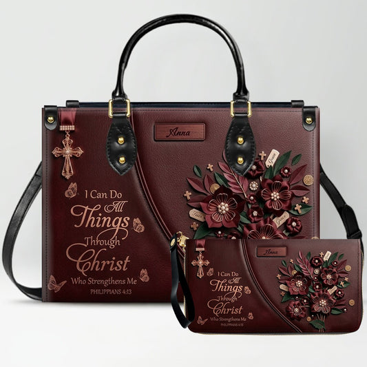 Custom Name Oxblood Burgundy Leather Handbag | "I Can Do All Things Through Christ" Floral Design | CHRISTIANARTBAG 02070426