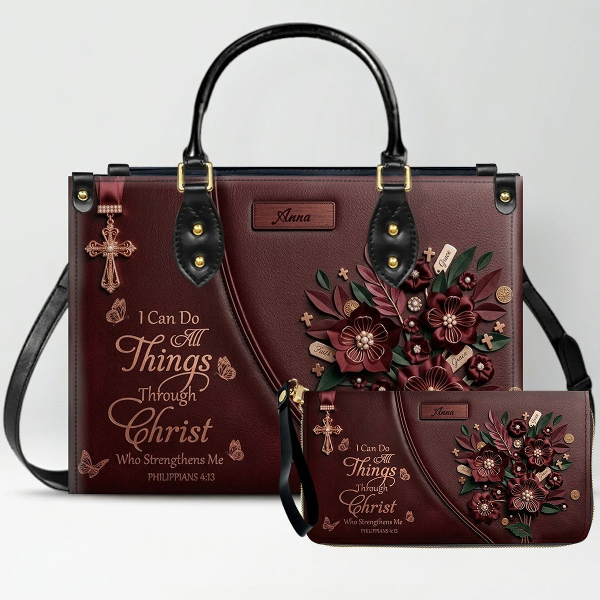 Custom Name Christian Leather Handbag by CHRISTIANARTBAG | I Can Do All Things Shoulder Bag Deep Forest Green, Religious Floral Gift for Her CAB01070226