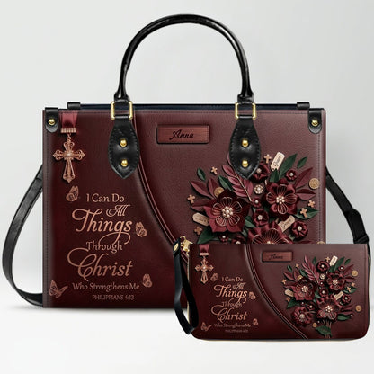Custom Name Christian Leather Handbag by CHRISTIANARTBAG | I Can Do All Things Shoulder Bag Deep Forest Green, Religious Floral Gift for Her CAB01070226