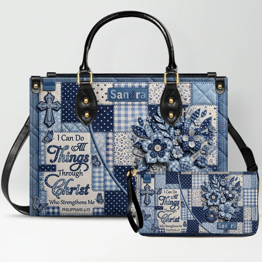 CHRISTIANARTBAG | Personalized Leather Handbag - Custom Name & Color Blue Patchwork Bible Verse Tote Bag Philippians 4 13